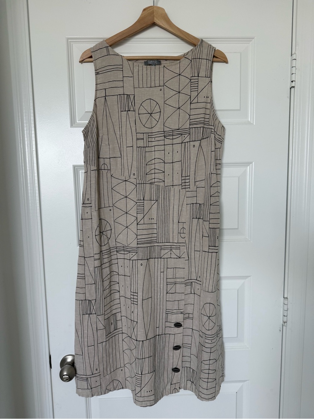 Habitat Linen Cotton Beige Geometric Midi Dress Medium Sleeveless Shift Buttons